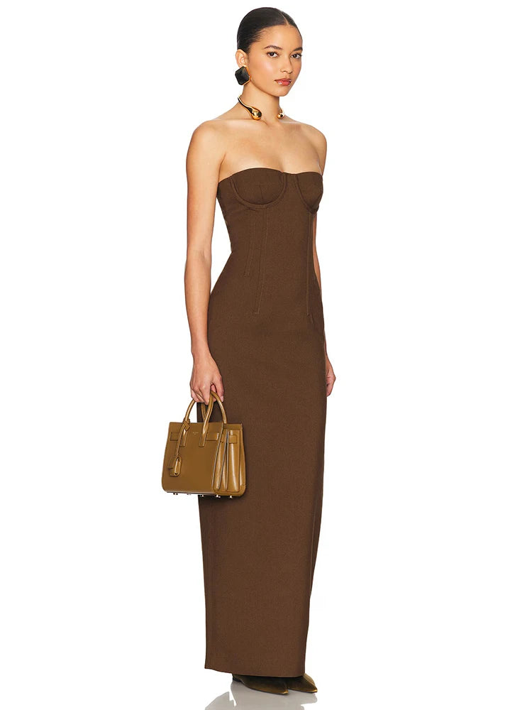 AMBER BROWN STRAPLESS MAXI DRESS