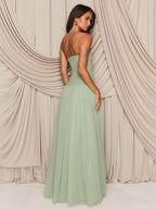 LOISE GREEN STRAPLESS TULLE MAXI DRESS