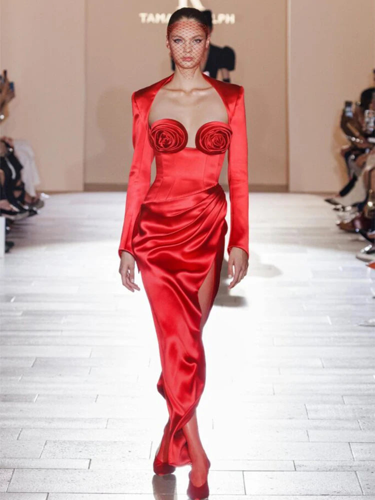 ANITA RED ROSE LONG SLEEVE DRESS GOWN