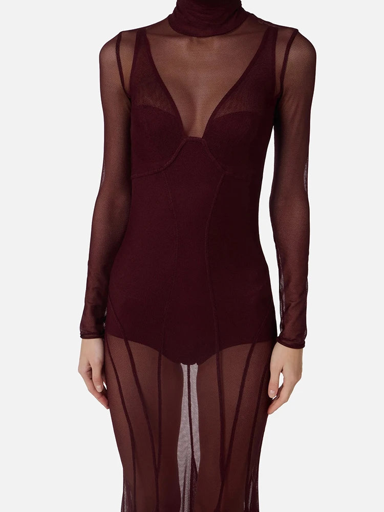 ABBI SEXY BURGUNDY SHEER MESH DRESS SET