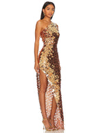 JECYKA GOLD ONE SHOULDER SEQUINS MAXI DRESS