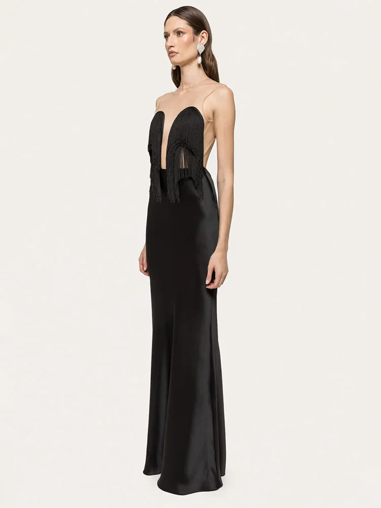 SARAH BLACK SATIN FRINGE MAXI DRESSES