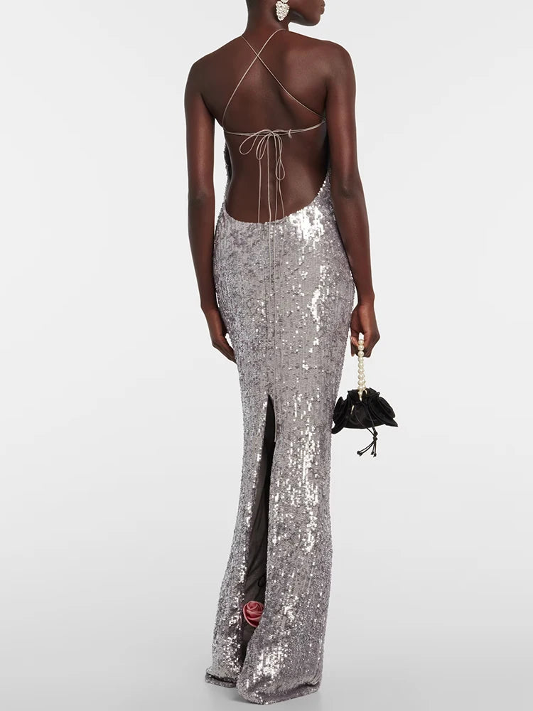 SUSAN SLIVER SEQUIN HALTER DRESS GOWN