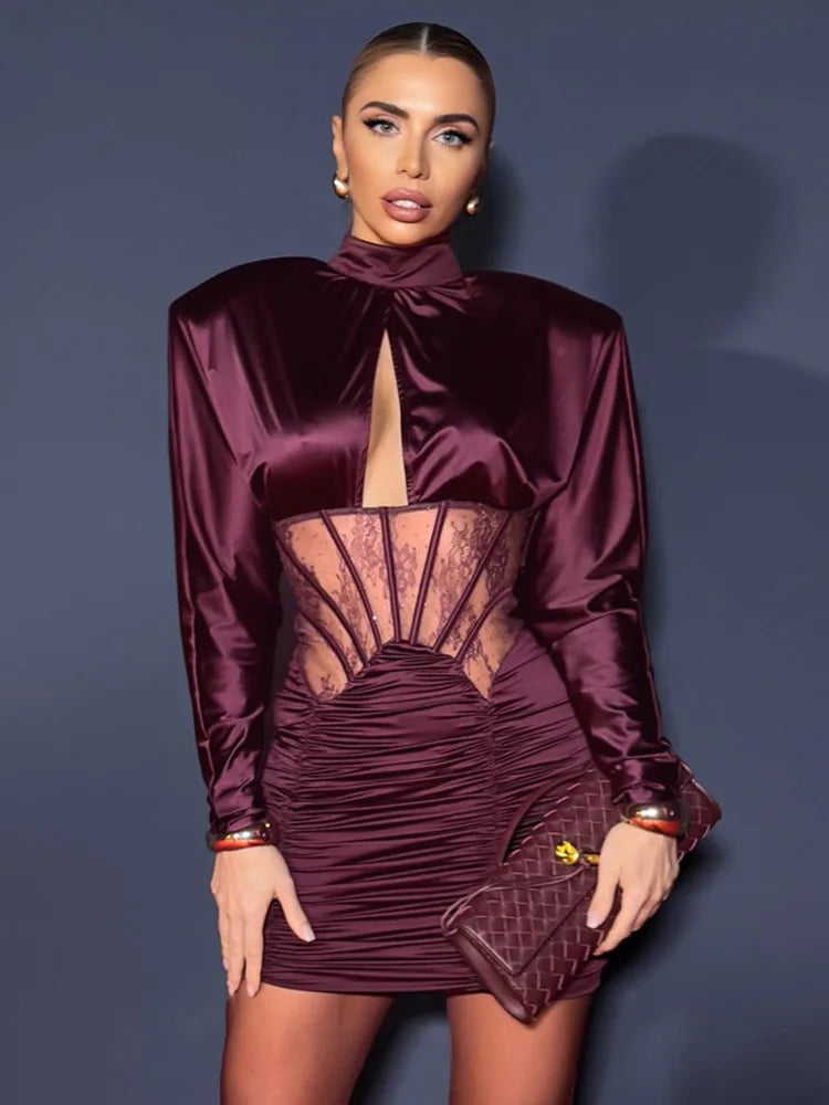 NORA BURGUNDY SATIN MINI DRESS