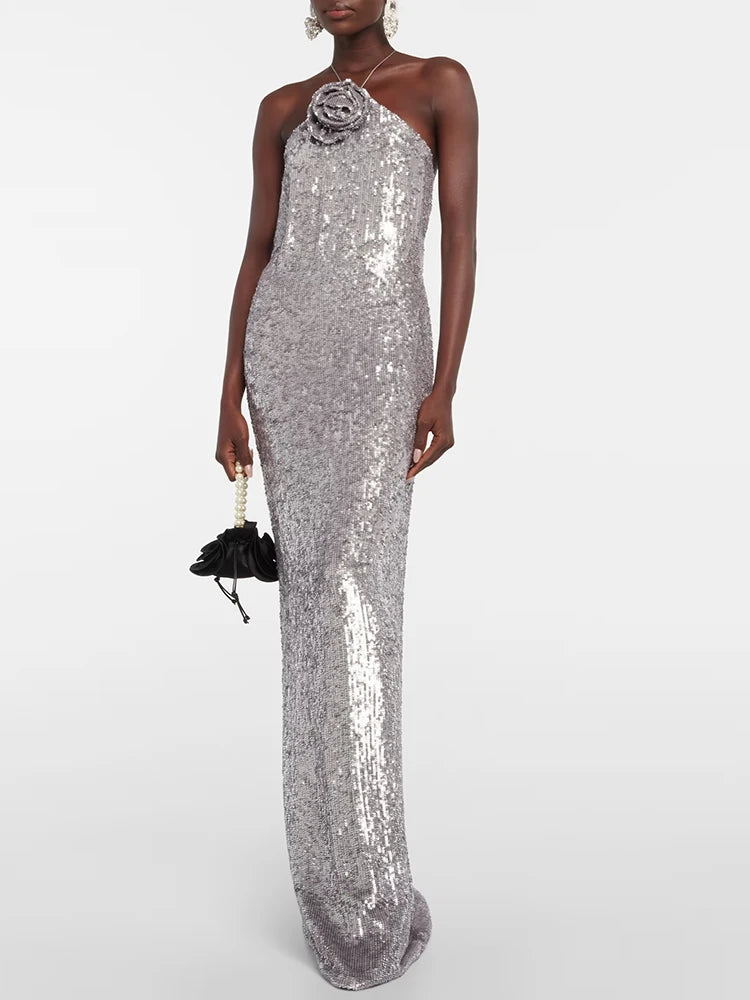 SUSAN SLIVER SEQUIN HALTER DRESS GOWN