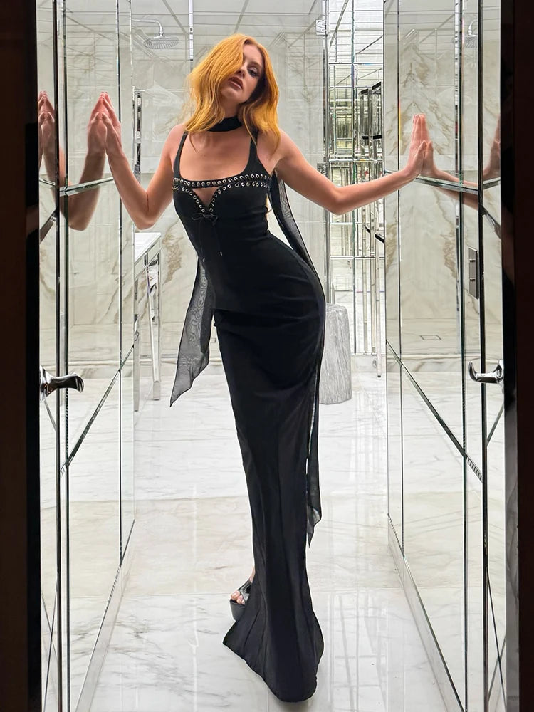 LINDA BLACK STRAPPY LONG DRESS GOWN