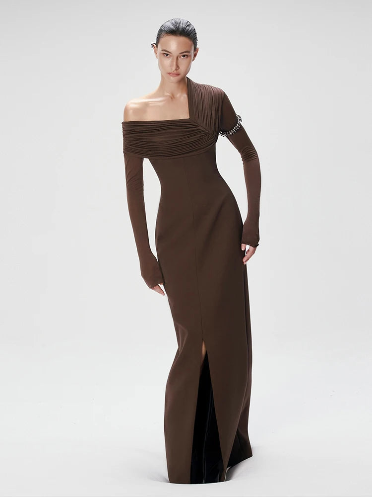 LAURA OFF-SHOULDER BROWN MAXI DRESS