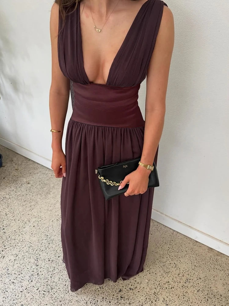 BONNIE ELEGANT BURGUNDY CHIFFON MAXI DRESS