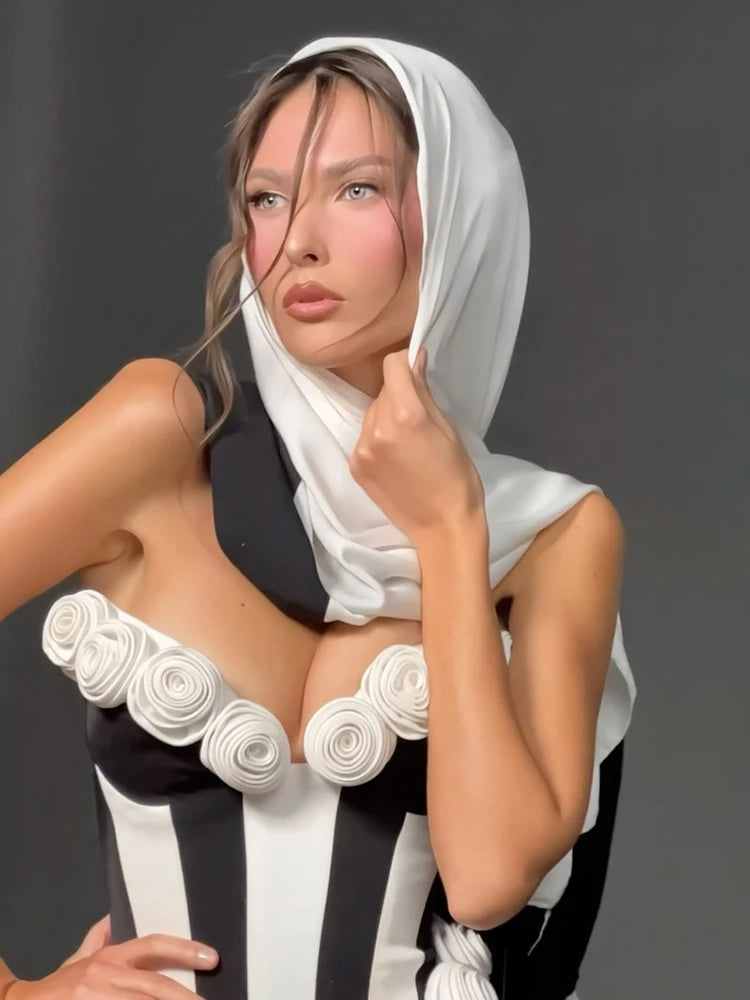 AMAL BLACK WHITE STRAPLESS MINI DRESS