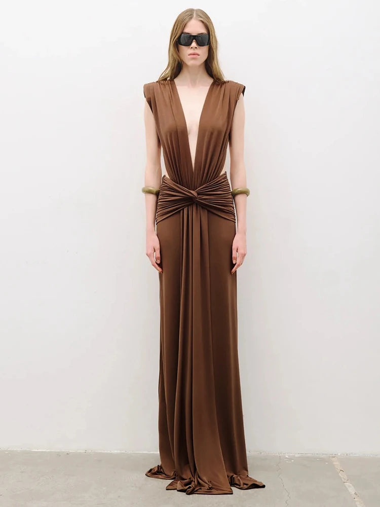 LEX BROWN DEEP V RUCHED MAXI DRESS