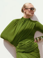 VERONA GREEN HIGH NECK RUCHED MAXI DRESS