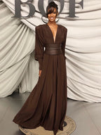 ROBYN BROWN LONG SLEEVES V NECK DRESS GOWN