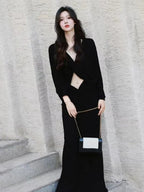 SHANAY BLACK V NECK LONG SLEEVES DRESS
