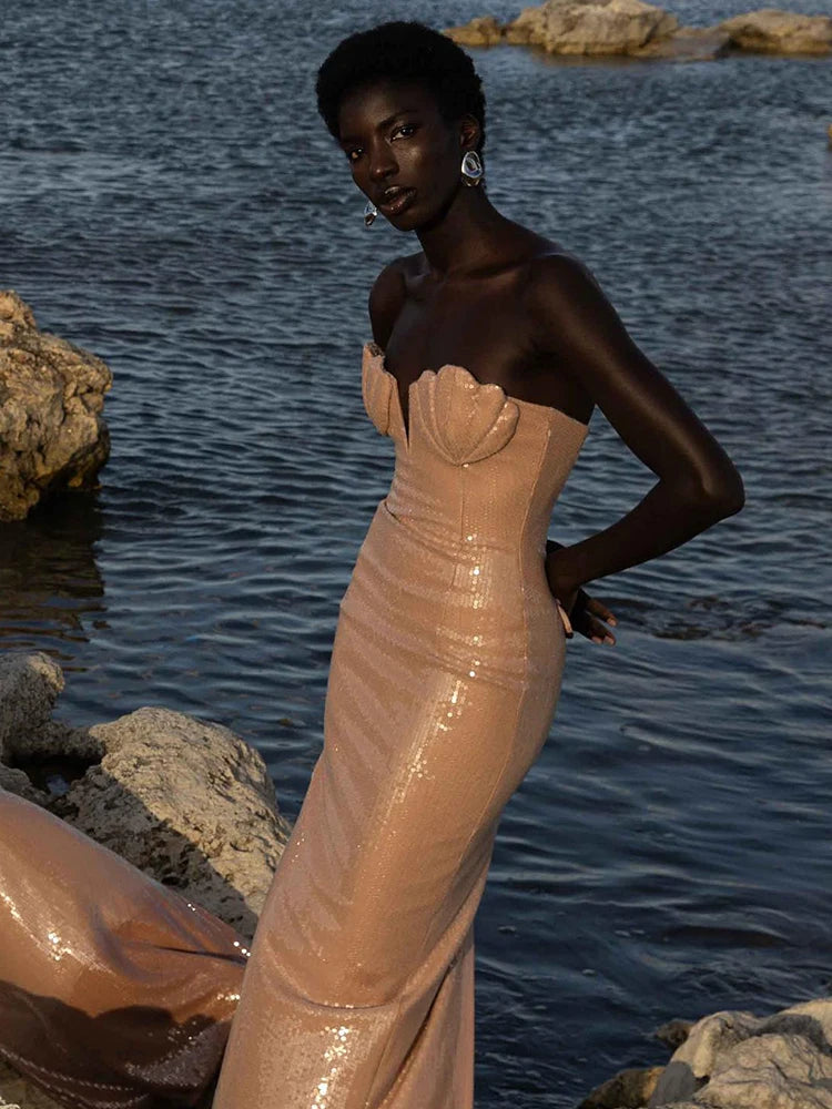 CHRISTINE NUDE SEQUIN STRAPLESS MAXI DRESS