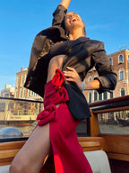 CASEY RED HING SLIT ROSE SKIRT DRESS