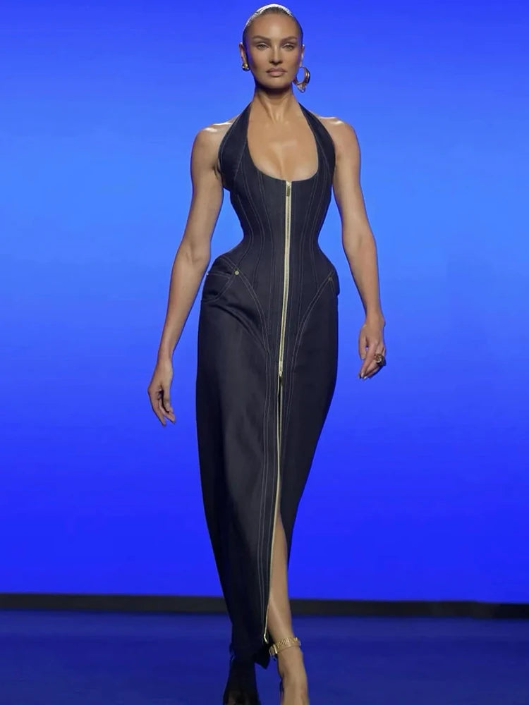 EMMA DENIM HALTER ZIPPER DRESS