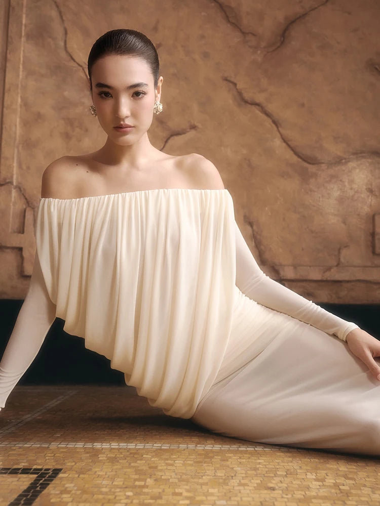 GAYE SHEER WHITE OFF SHOULDER RUCHED MAXI DRESS