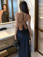 ANELIZE SEXY BACKLESS SATIN MAXI DRESS FOR WOMEN