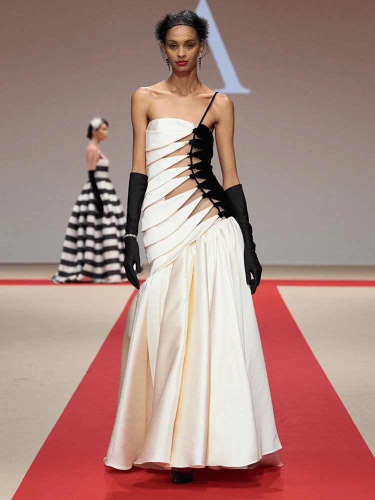 YANA BLACK BEIGE STRAPLESS LONG DRESS GOWN