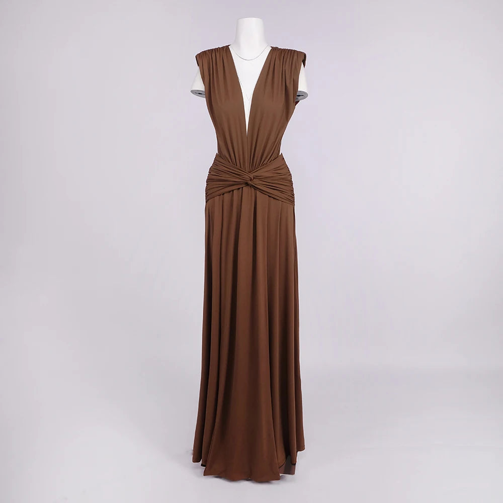 LEX BROWN DEEP V RUCHED MAXI DRESS
