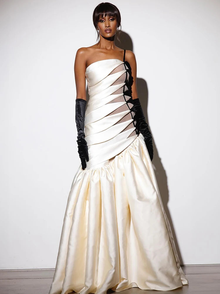 YANA BLACK BEIGE STRAPLESS LONG DRESS GOWN