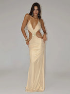 SOPHIA GOLD HALTER MAXI DRESS