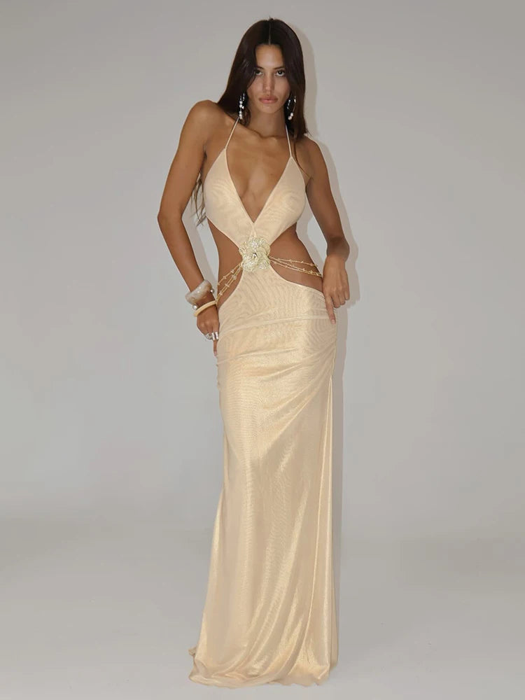 SOPHIA GOLD HALTER MAXI DRESS