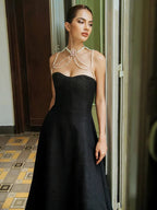 SANLLI BLACK A-LINE MIDI DRESS