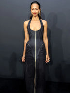 EMMA DENIM HALTER ZIPPER MAXI DRESS