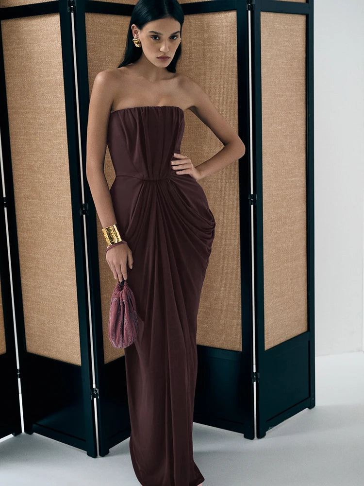 ARUNAS BROWN OFF-SHOULDER RUCHED MAXI DRESS