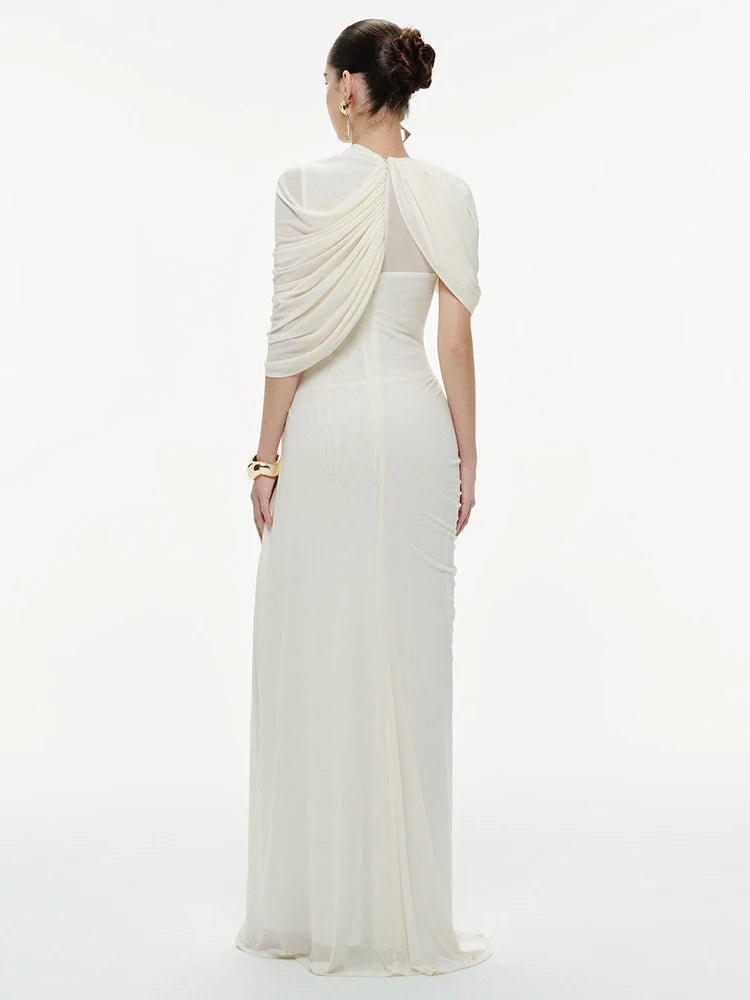 SHARON ELEGANT WHITE DRAPED MAXI DRESS