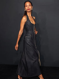 EMMA DENIM HALTER ZIPPER DRESS