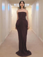 ARUNAS BROWN OFF-SHOULDER RUCHED MAXI DRESS