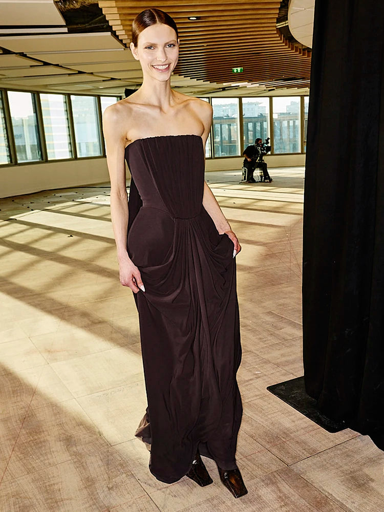 ARUNAS BROWN OFF-SHOULDER RUCHED MAXI DRESS