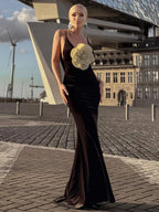 KAREN BLACK VELVET V NECK DRESS