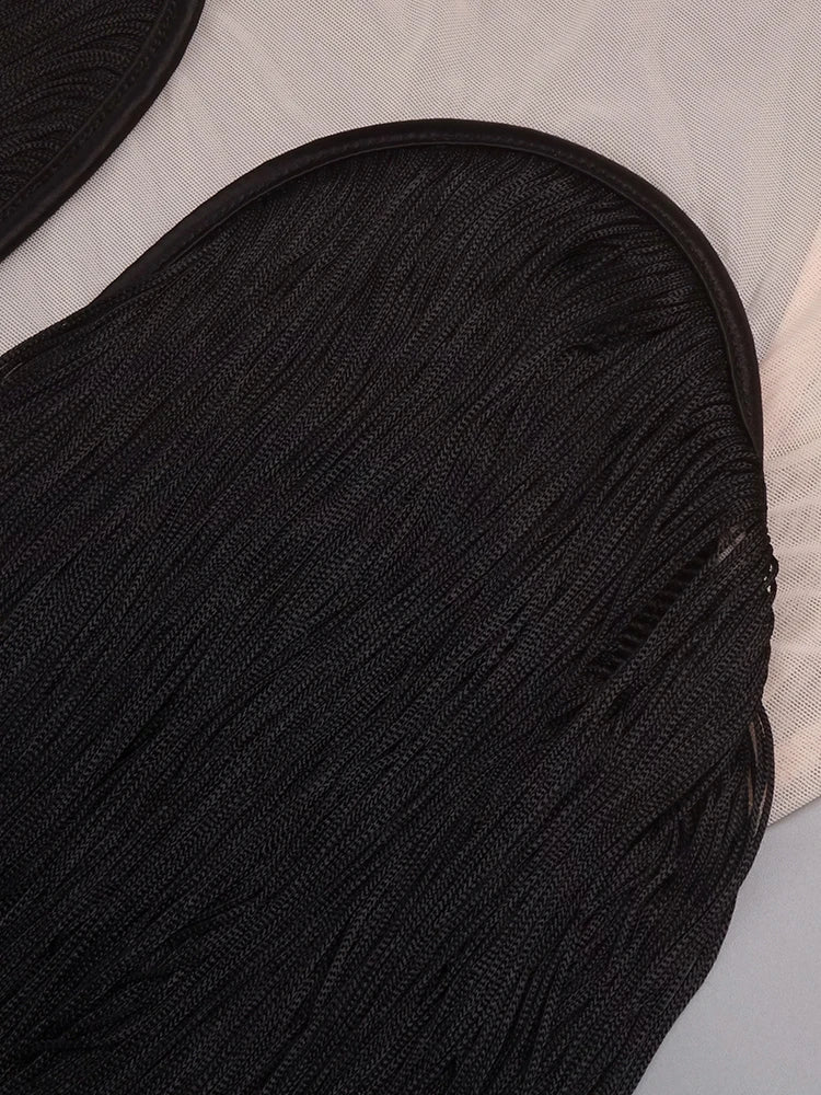 SARAH BLACK SATIN FRINGE MAXI DRESSES