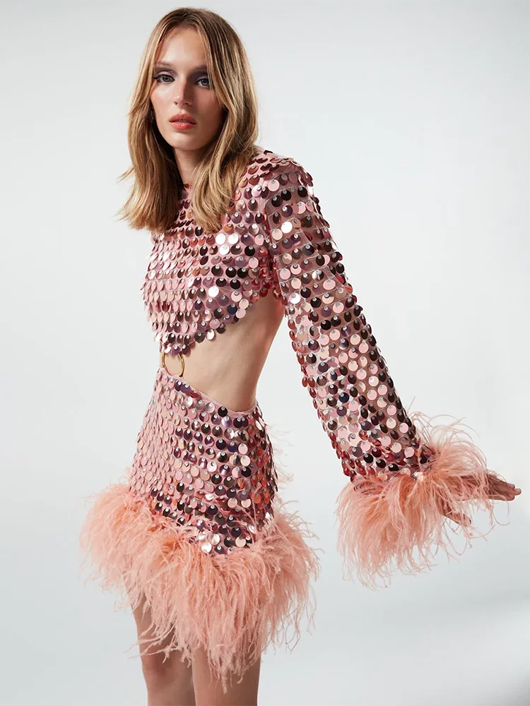 LEILANI SEQUIN FEATHER MINI DRESS