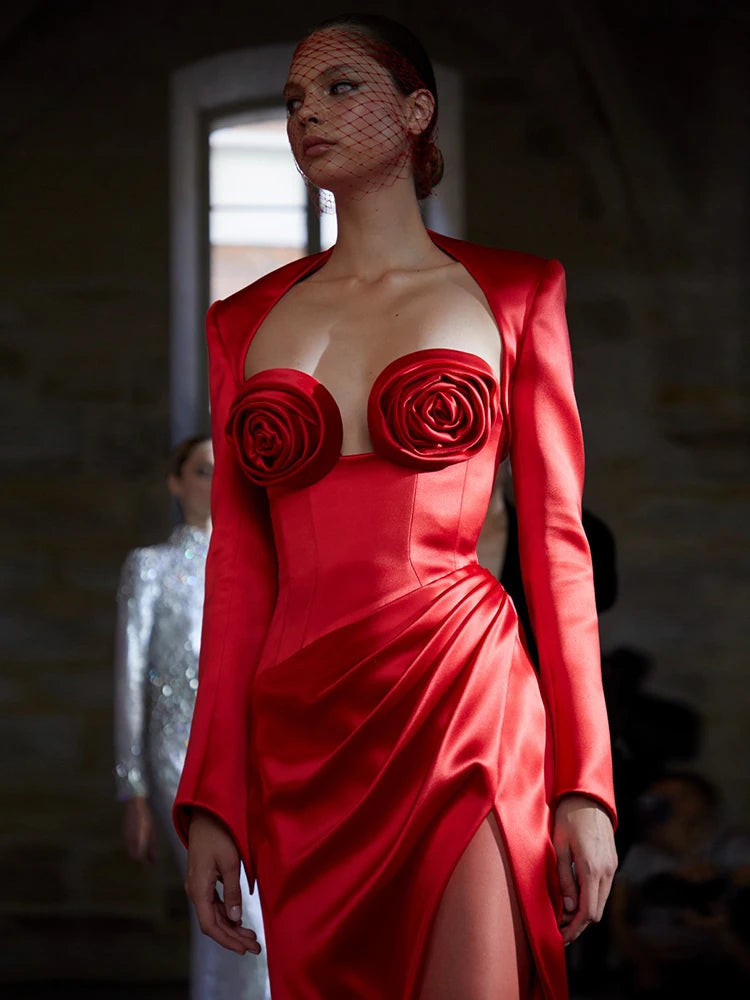 ANITA RED ROSE LONG SLEEVE DRESS GOWN