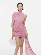 ZAIDA WHITE DRAPED ONE SHOULDER MINI DRESS