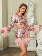 LEILANI SEQUIN FEATHER MINI DRESS