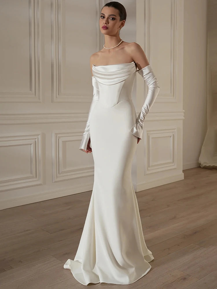 MELISSA WHITE BLACK STRAPLESS WITH GLOVES WEDDING DRESS GOWN