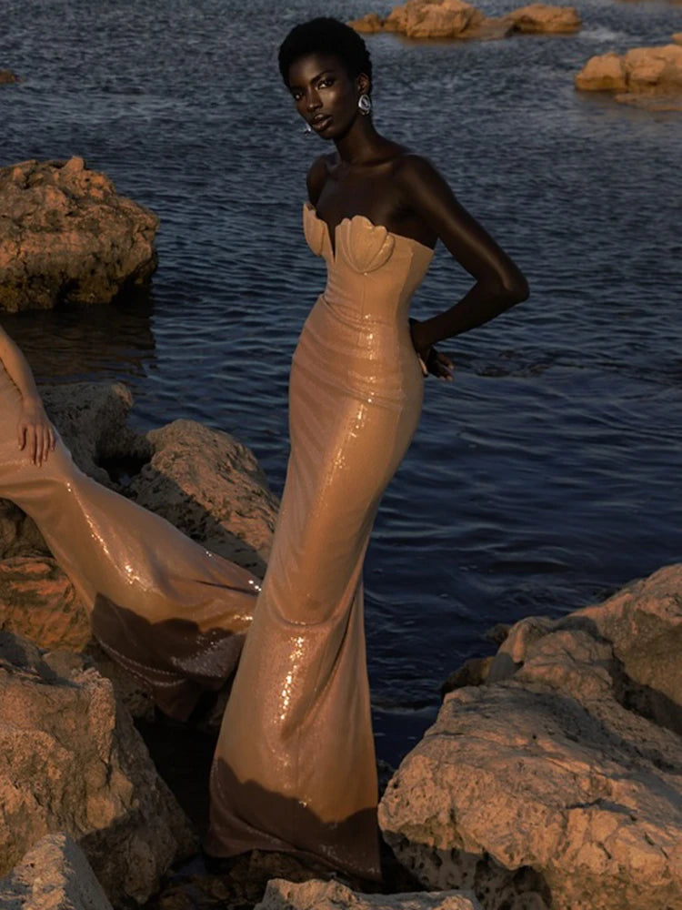 CHRISTINE NUDE SEQUIN STRAPLESS MAXI DRESS