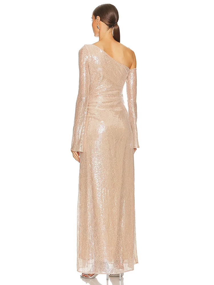 MARLY SEQUIN ONE SHOULDER LONG SLEEVE DRESS GOWN