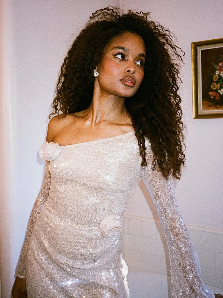 MARLY SEQUIN ONE SHOULDER LONG SLEEVE DRESS GOWN