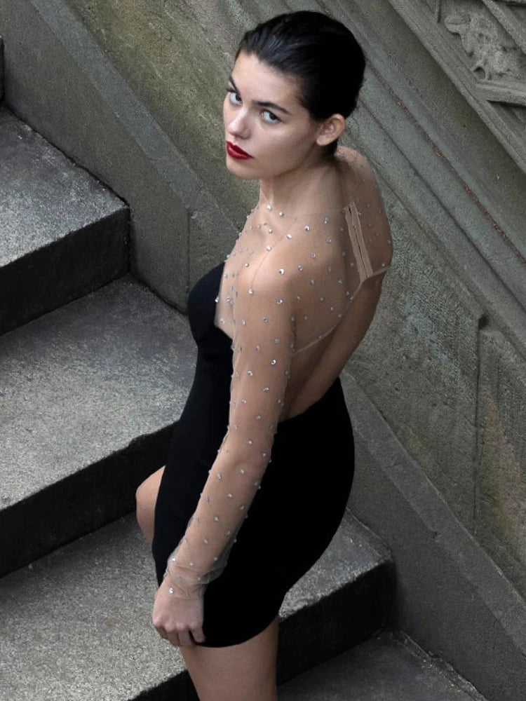 OLIWIA BLACK BACKLESS MESH DRESS