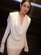LIVIA WHITE V-NECK LONG SLEEVE LONG DRESS GOWN