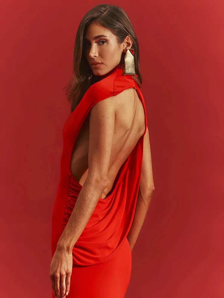 NADA RED BIG OPEN BACK MAXI DRESS
