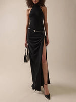 Cargar imagen en el visor de la galería, KIMI BLACK HALTER DRESS GOWN
