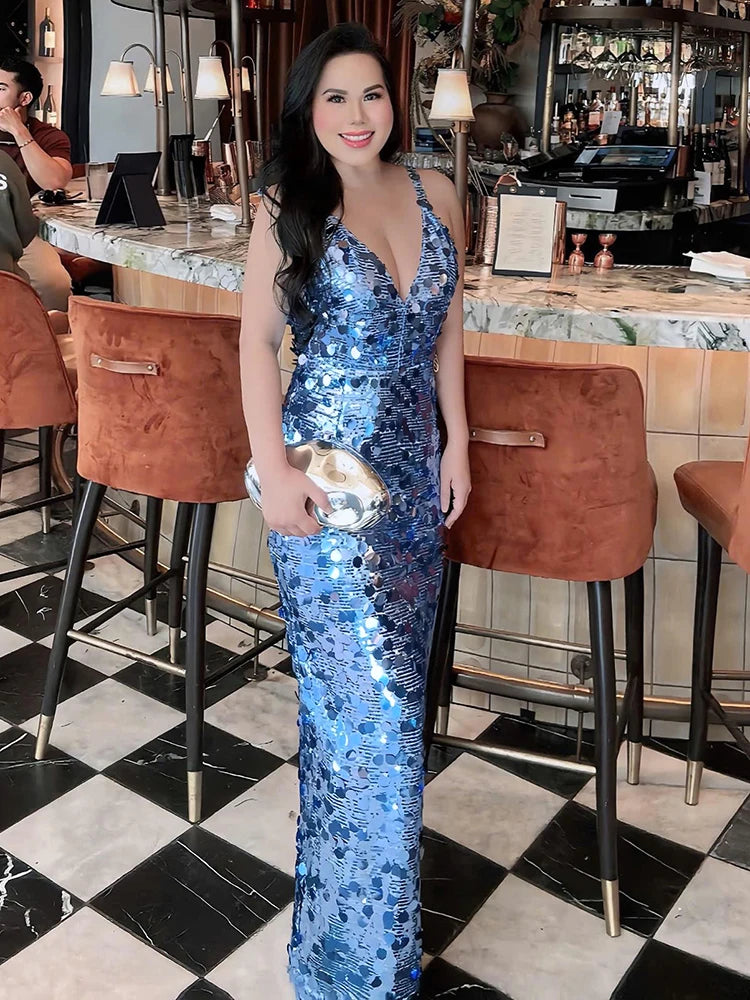 KELSEY BLUE SEQUINS MAXI DRESS