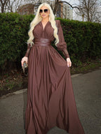 ROBYN BROWN LONG SLEEVES V NECK DRESS GOWN